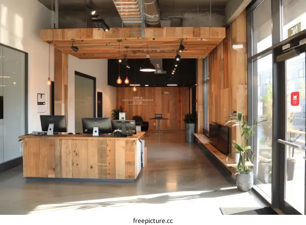 Modern Office Lobby with Wood Paneling and Warm Lighting