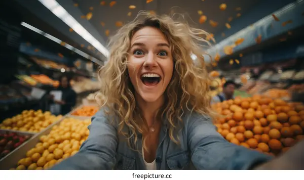 Happy young woman with curly hair taking selfie in grocery store