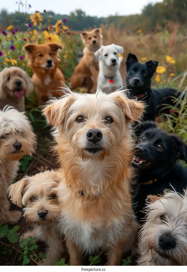 Group of dogs of different breeds posing for a picture in a field