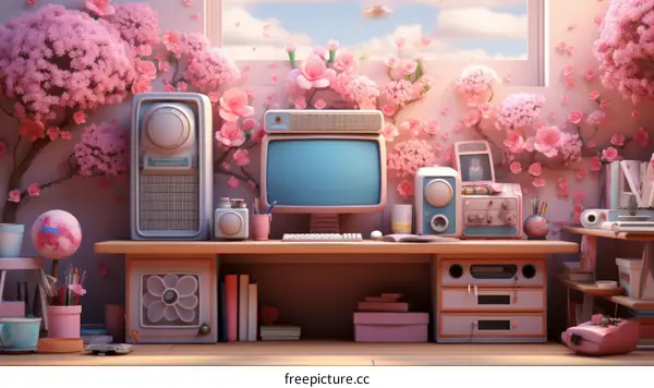 A pink and white retro computer desk with a large window