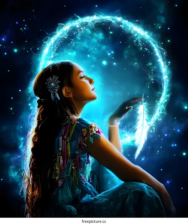 Fantasy Woman with Feather in Hand in front of a Glowing Circle
