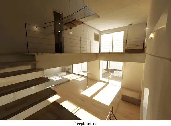 Modern House Interior Design with Staircase and Glass Railing