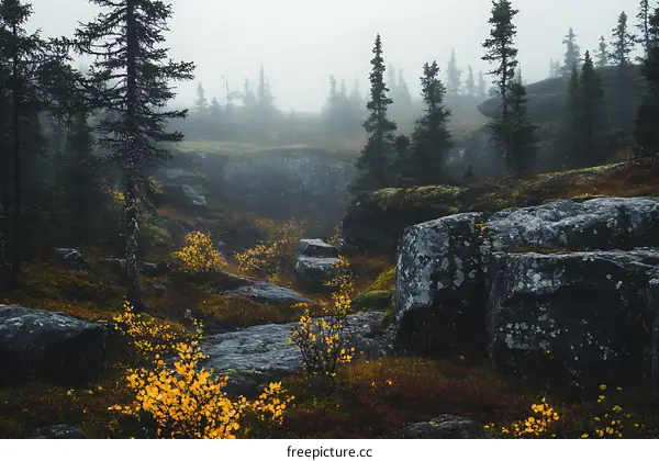 Misty Forest Landscape with Large Rocks and Yellow Leaves