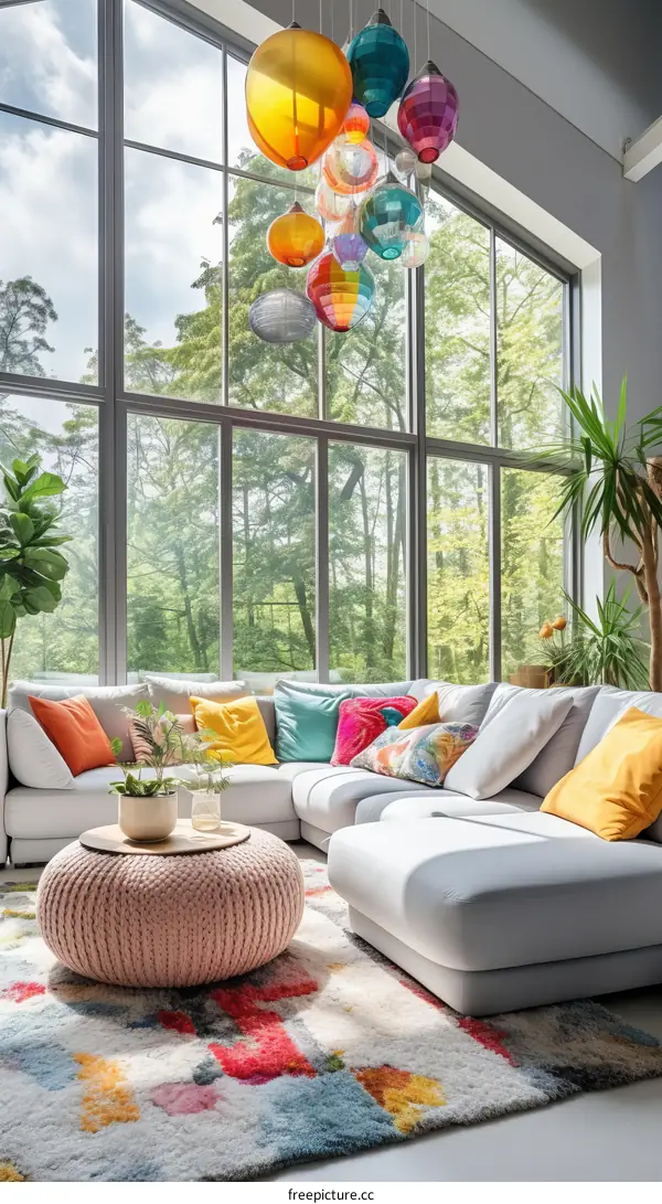 Modern living room interior with large windows and colorful furniture