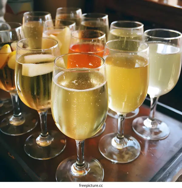 Closeup of Champagne Glasses on a Wooden Tray