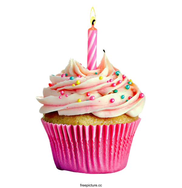 [Transparent Background PNG]Delicious Birthday Cupcake with Pink Candle and Sprinkles