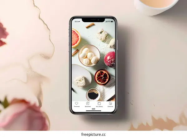 Flat Lay of Phone with Food Photo on Screen