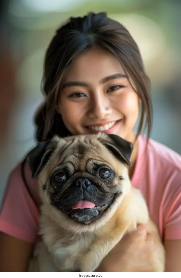 pug dog breed with a happy Asian woman