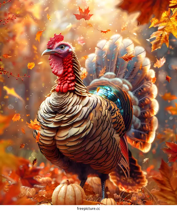 A turkey standing in a fall forest