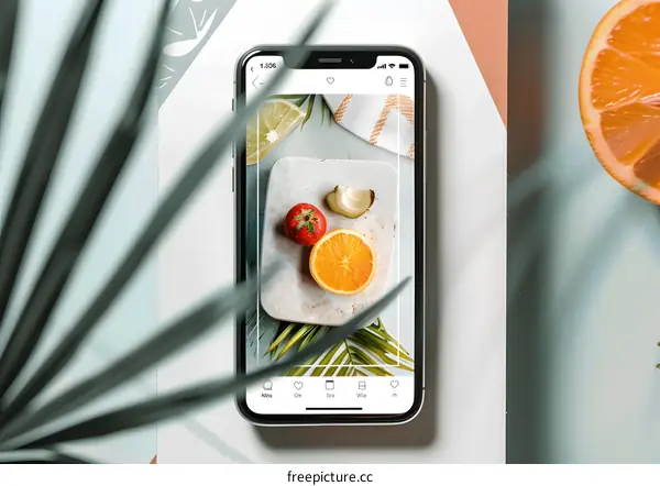 Fruit and Green Leaf on White Table Background