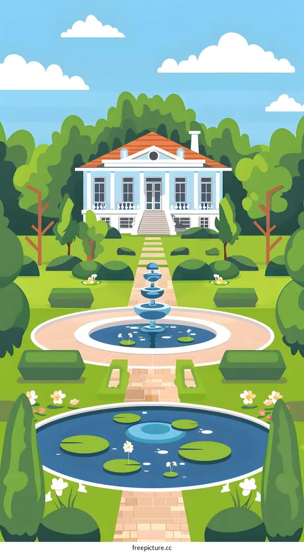 Beautiful Illustration Of A Mansion With Fountain