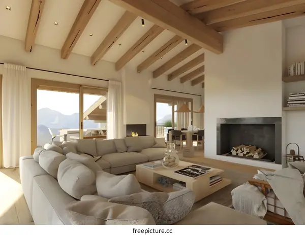 Modern Living Room Interior Design with Fireplace and Mountain View