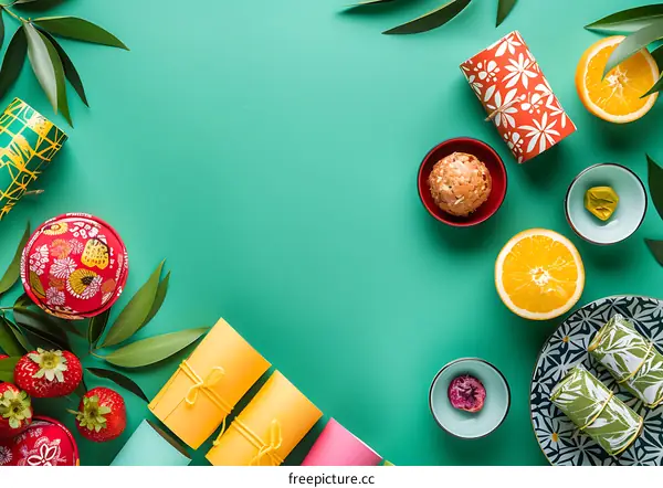 Green Background with Orange, Strawberry, and Colorful Gift Boxes