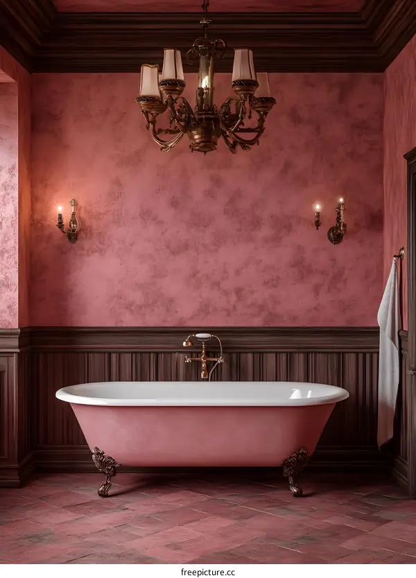 Vintage Bathroom With Pink Bathtub And Chandelier