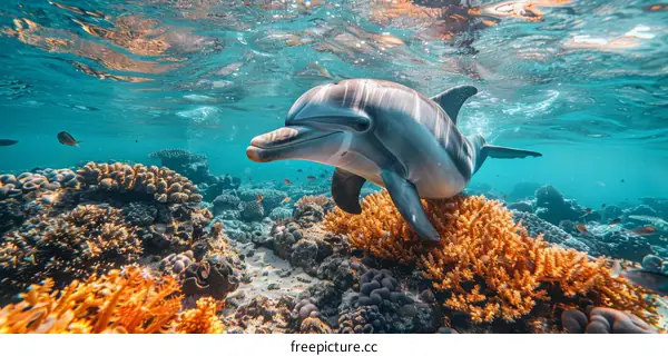 A bottlenose dolphin swims over a Red Sea coral reef