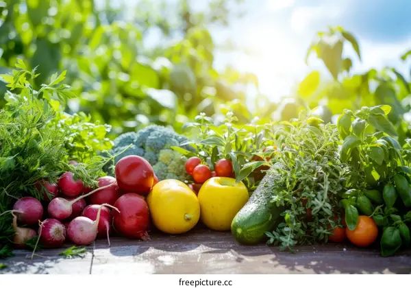 A variety of fresh vegetables and fruits on a wooden table
