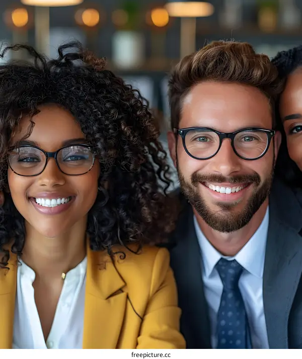 A group of young people wearing glasses are smiling