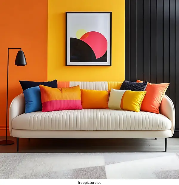 Colorful Living Room Sofa with Orange and Yellow Abstract Art