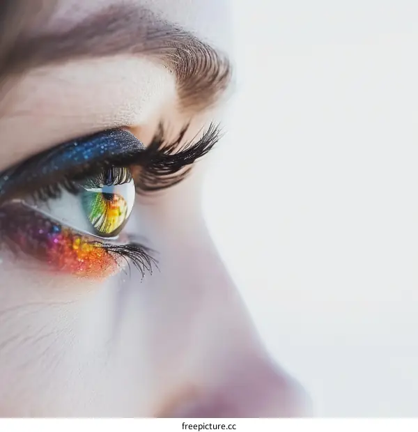 Close-up of woman's eye with colorful eye makeup