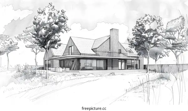 Pencil Sketch of Modern House with Trees and Landscape