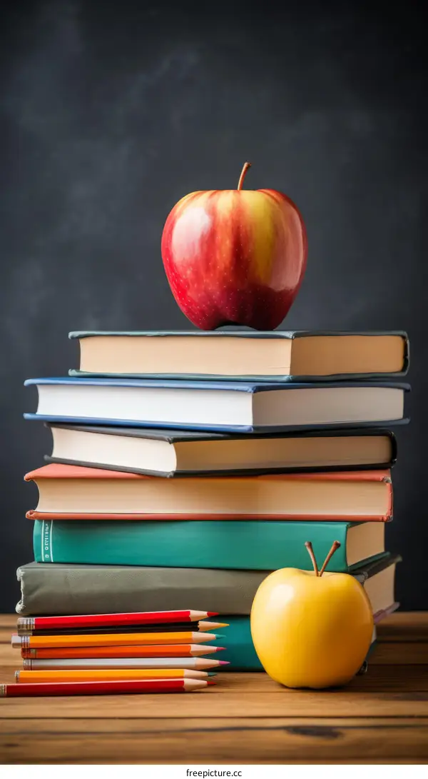 A stack of books with an apple on top