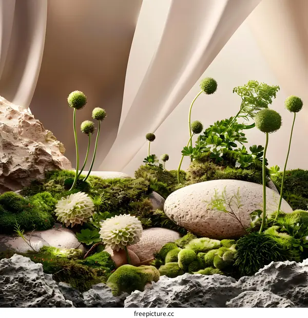 Abstract Green Floral Arrangement with Stones and Curvy Fabric