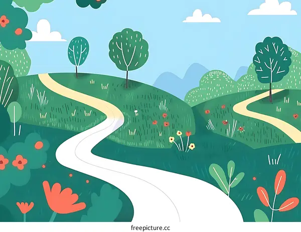 Cartoon Illustration of a Winding Path Through a Green Meadow