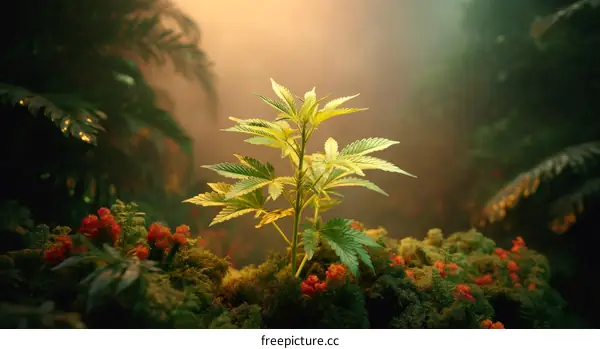 A Young Cannabis Plant in a Lush Forest Setting