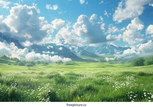 4K Nature Landscape Green Grass Field Mountain Blue Sky White Clouds