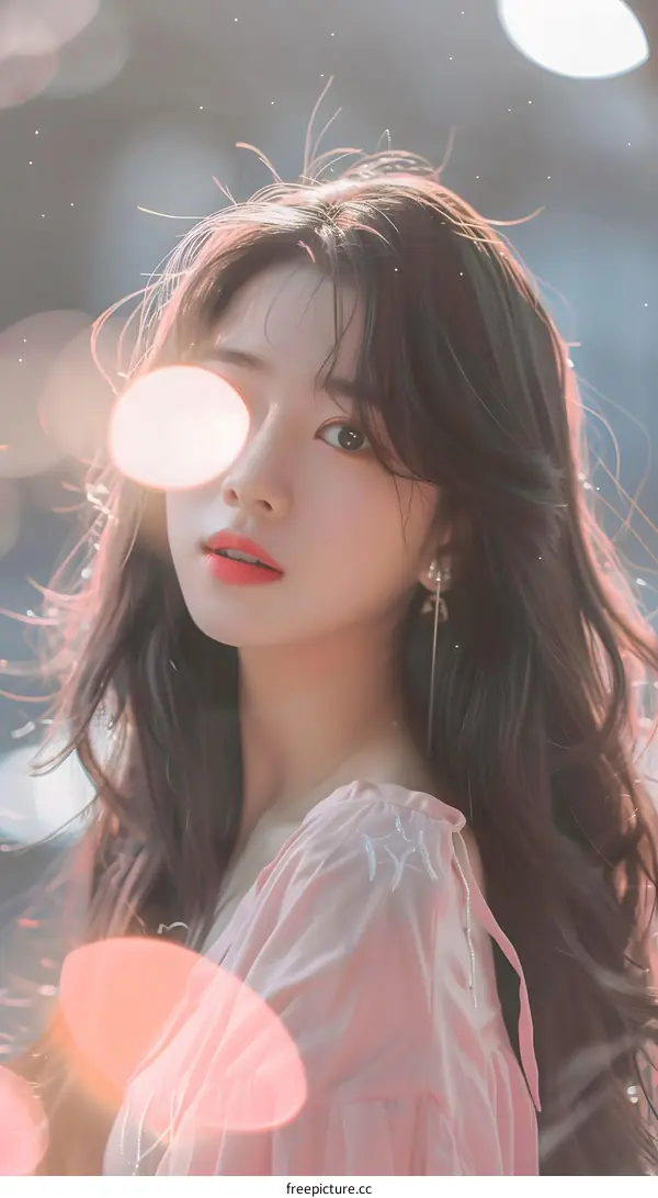 Beautiful Asian Woman with Long Hair and a Pink Blouse