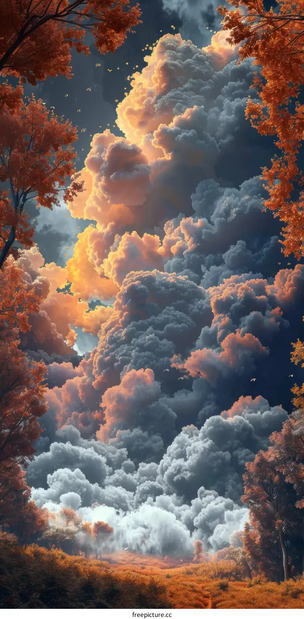 Colorful Autumn Embrace: Orange Trees and Azure Skies