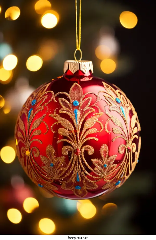 Red Christmas Ornament Hanging on a Golden Thread