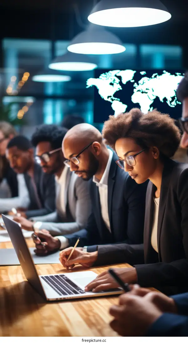 A group of people of African descent are sitting around a table having a meeting.