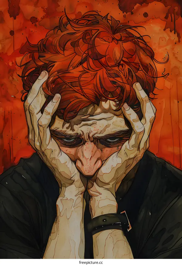 Portrait of a Man with Red Hair and Hands on Face