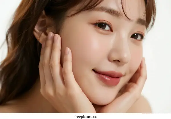 Close-up of a young woman with smooth skin touching her face