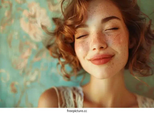 Close-up Portrait of a Woman with Freckles and Curly Hair