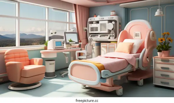 Spacious futuristic hospital room with advanced medical technology