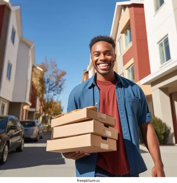 A smiling man carrying three pizza boxes