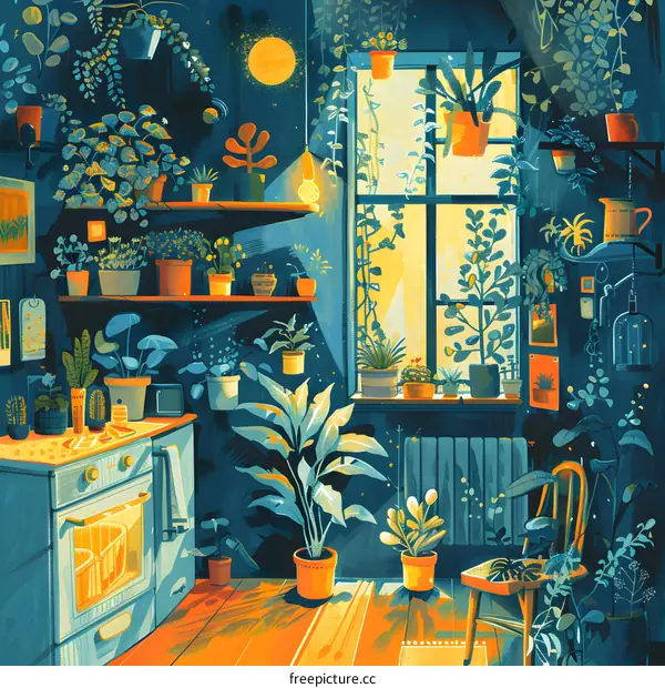 A cozy kitchen with lots of plants