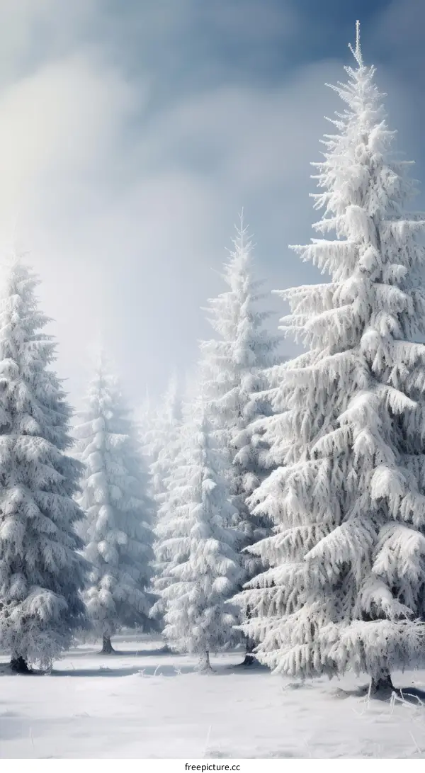 Snow-covered fir trees in a winter forest