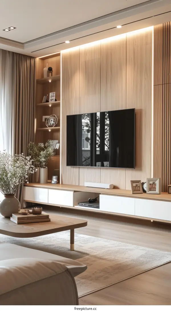 Elegant and Modern Living Room Design With Wood Paneled Tv Wall