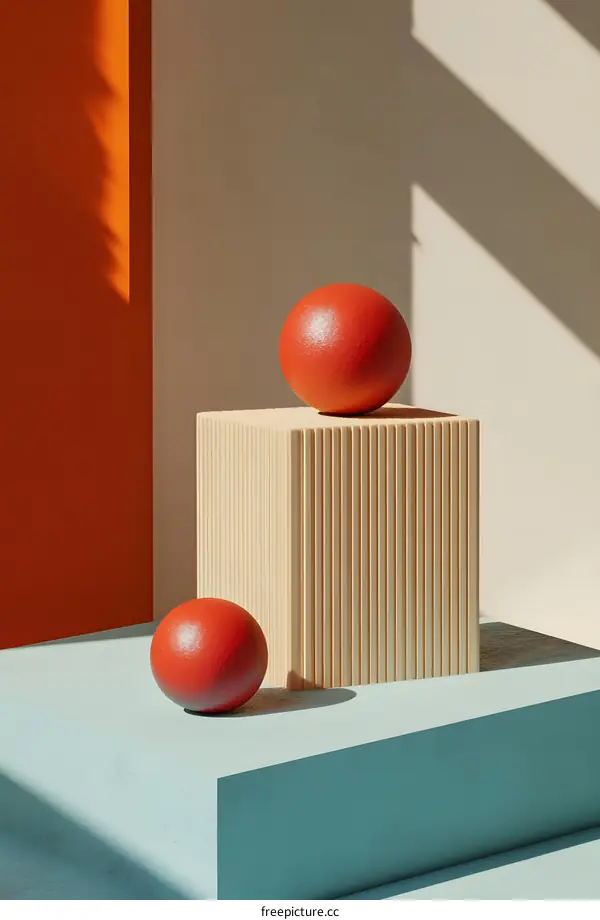 Orange Spheres on Minimalist Wooden Platform with Blue and Orange Background
