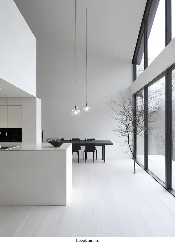 Modern Minimalist Kitchen Interior Design With White Walls and Wood Flooring
