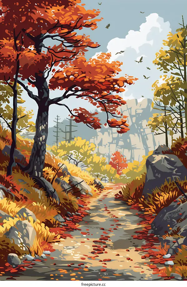 Autumn Landscape with a Path and Colorful Trees