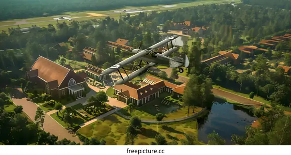 Aerial View of a Country Estate with a Biplane Flying Over