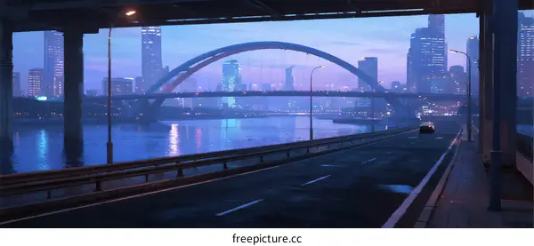 Evening cityscape with modern bridge over river and empty road