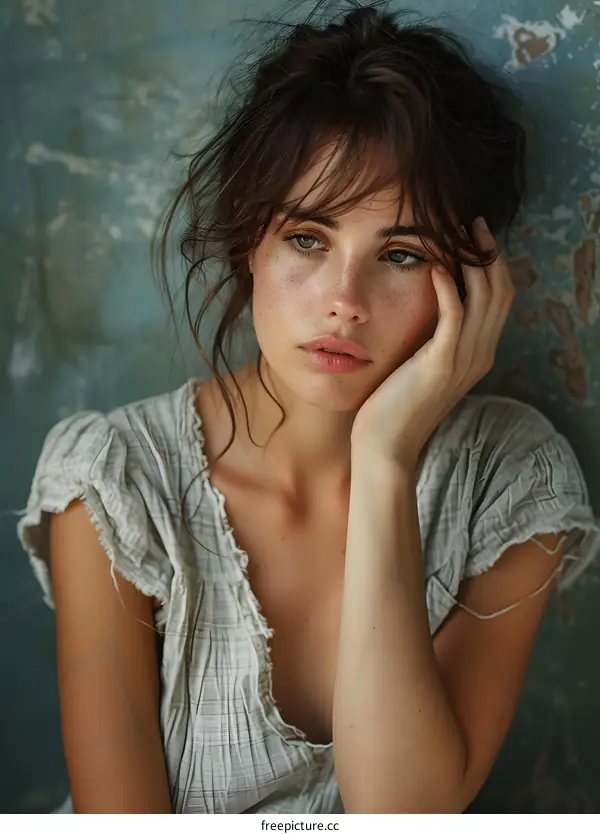 portrait of a young woman with freckles and brown hair