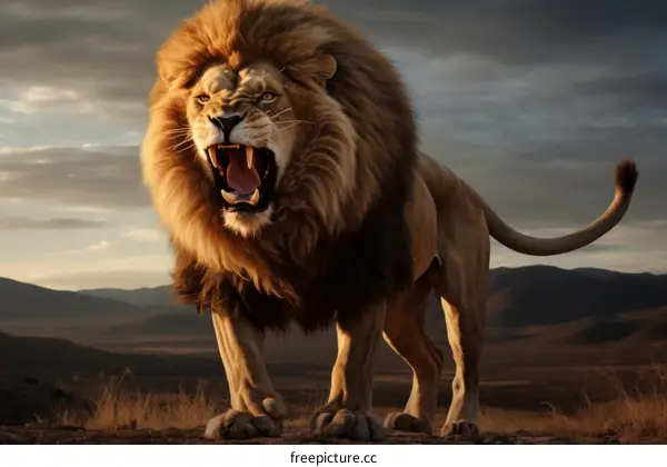 A majestic lion roars in the middle of the savanna