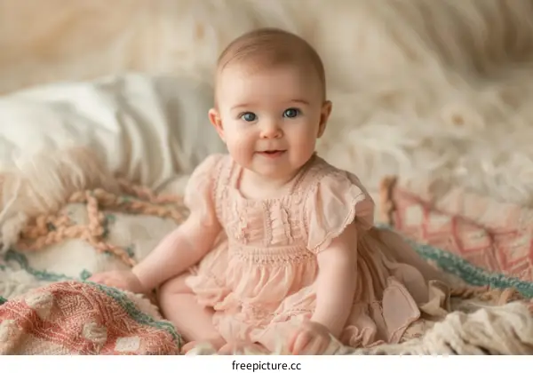 Portrait of a Smiling Baby Girl in a Pink Dress
