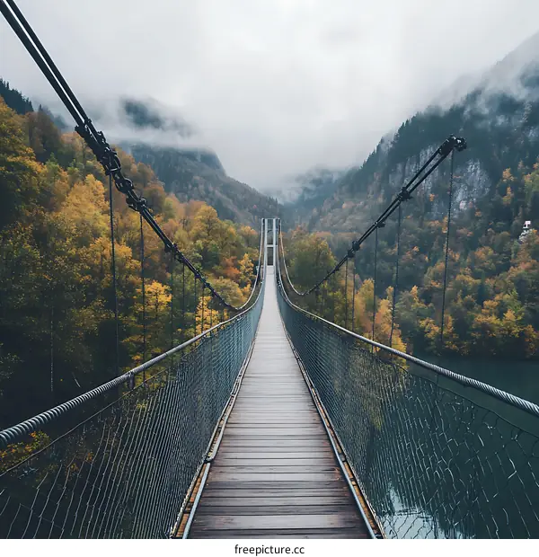 Suspension Bridge in Forest with Fog